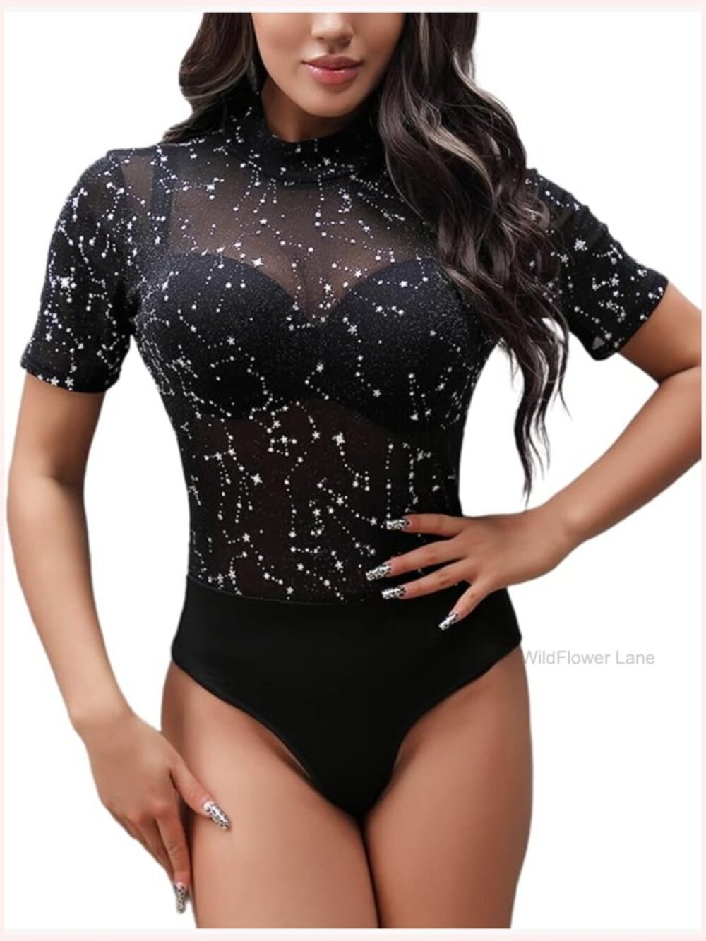 Mesh Short Sleeve Bodysuit Sheer Leotard Snap Crotch Stretchy Fitted Party Top